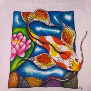 Handmade Tote Bag Hand Painted With Orange Spotted Koi Fish in Pond 14x13x7 NWT